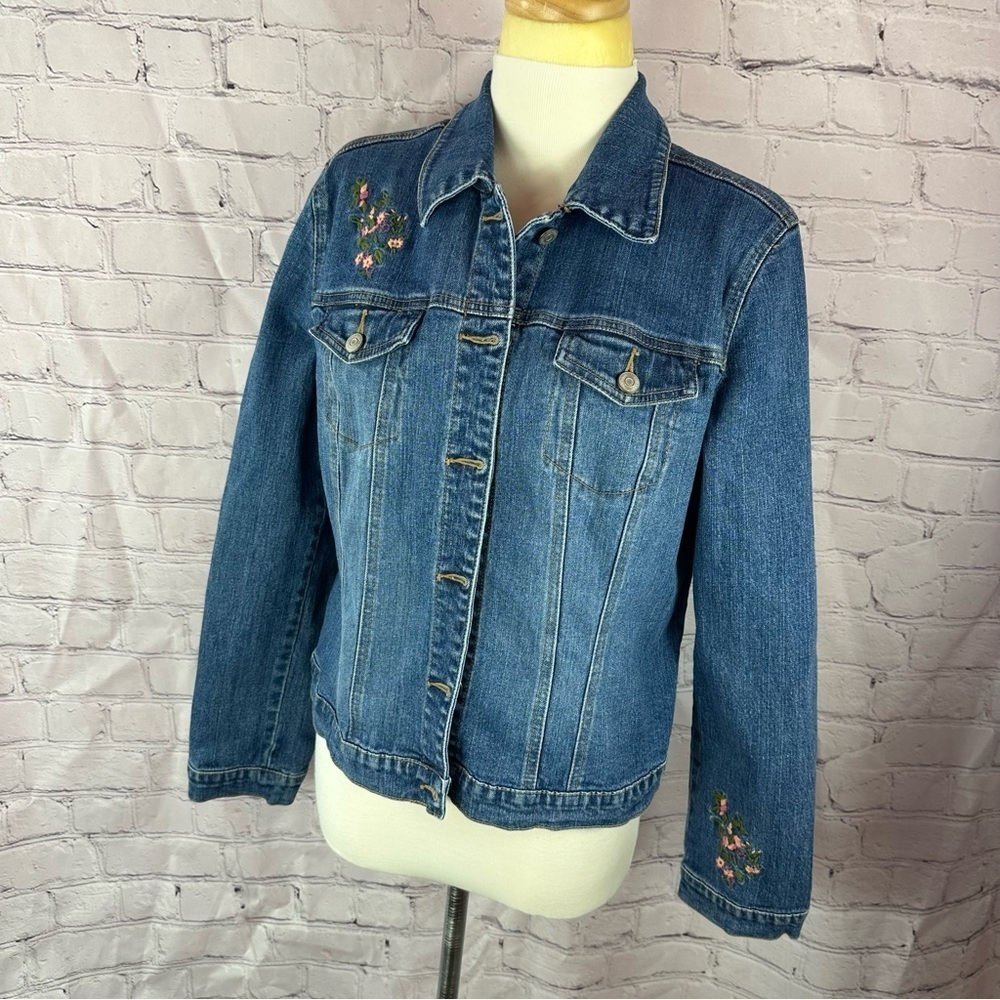 villager Liz Claiborne denim Jean embroidered floral Jacket Trucker Style sz 12